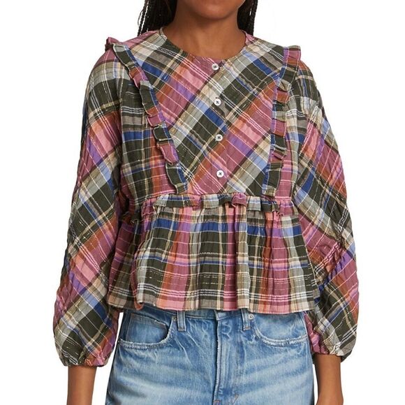 Veronica Beard Colorful Plaid Ruffle Blouse - Picture 1 of 8